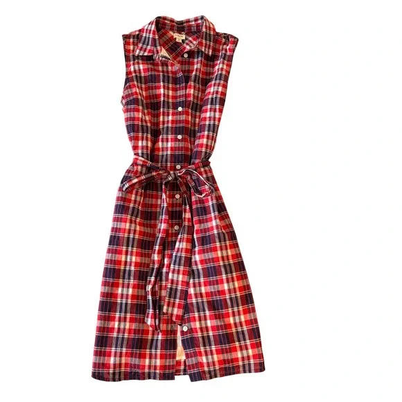 J Crew Factory women's cotton red, white & blue plaid belted dress. Size 6 - Picture 4 of 9